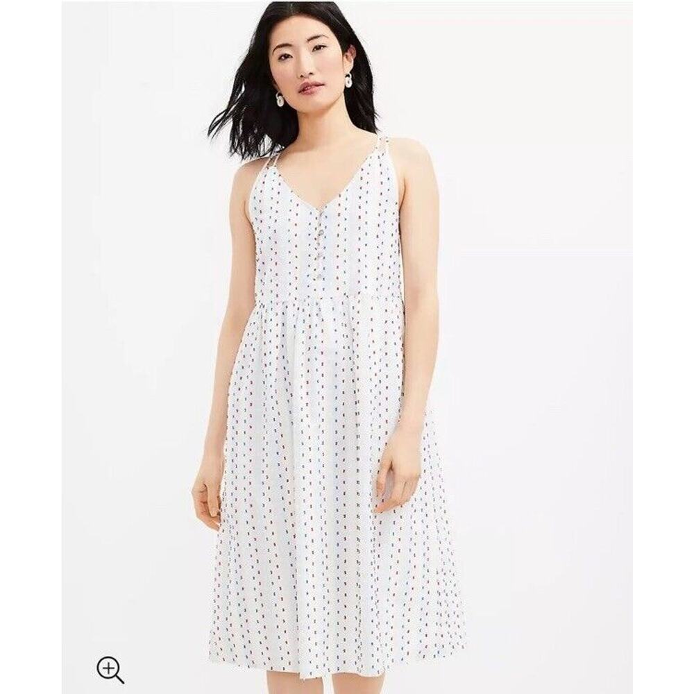 Loft Patriotic Swiss Dot Cotton Clip Strappy Button Midi Dress Sz 14 MSRP $120 - Picture 2 of 12